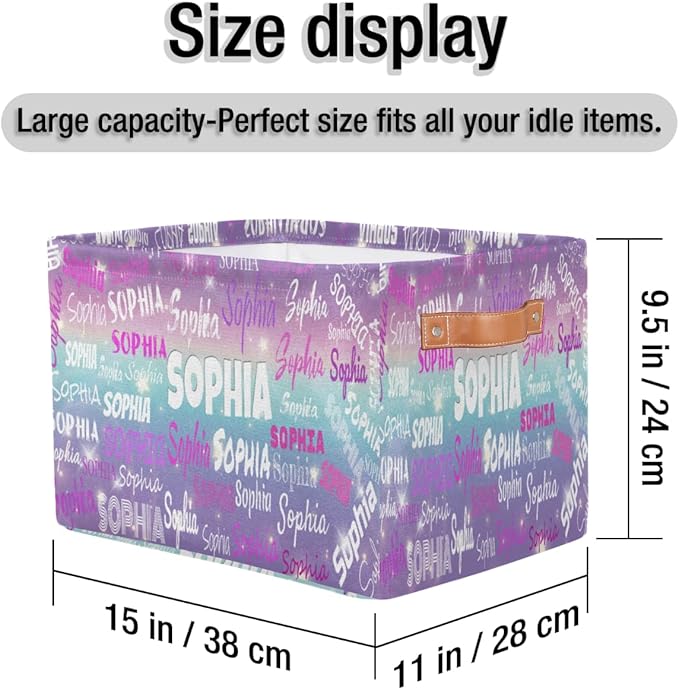 Personalized Name Storage Basket with Handles, Canvas Storage Bins Toys Clothes Organizer for Bedroom, Kitchen, Bathroom, Nursery, Shelves, Closets, Purple Blue Galaxy with Stars
