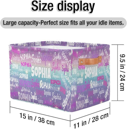 Personalized Name Storage Basket with Handles, Canvas Storage Bins Toys Clothes Organizer for Bedroom, Kitchen, Bathroom, Nursery, Shelves, Closets, Purple Blue Galaxy with Stars