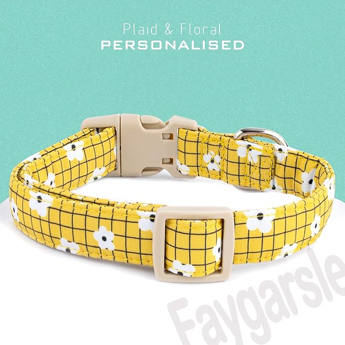 Faygarsle Floral Plaid Pattern Dog Collar, Yellow with White Flowers Summer Spring Design for Small Medium Large Dogs M