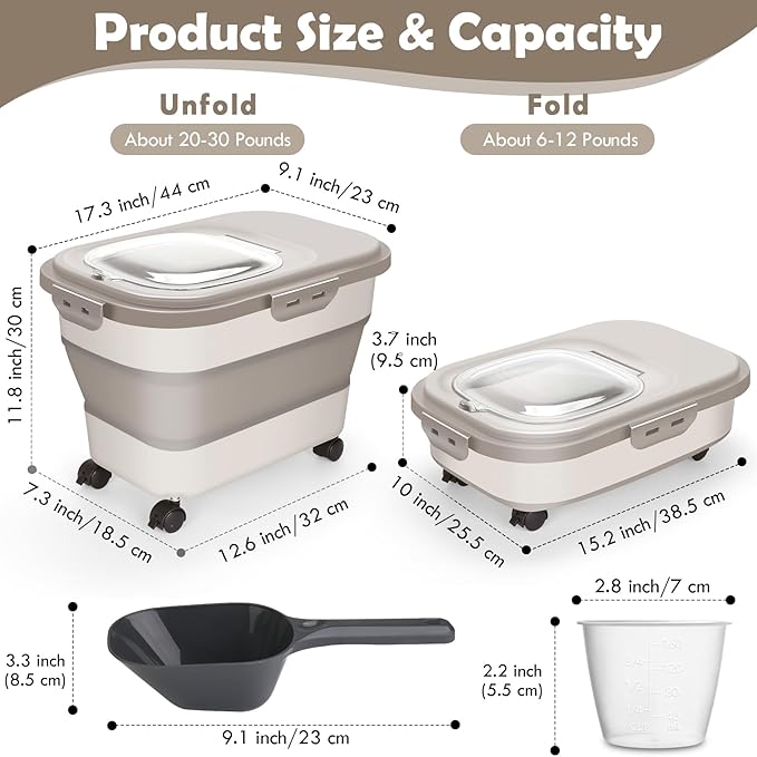 Collapsible Dog Food Storage Container, 20Lbs Airtight Rice Flour Container, Large Pet Cat Food Storage Dispenser Bin with Rolling Wheels, Scoop & Measuring Cup, Kitchen Cereal Dry Food Holder (Khaki)