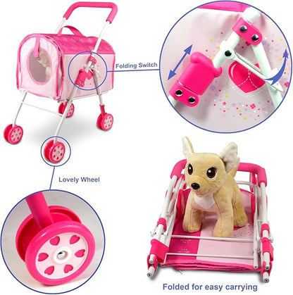 ANIVIA Pet Stroller and Accessories for Kids Ages 3 to 7 Year Olds, Dog Toy for Toddlers, 2 Pieces Play Dog Set, Puppy Party Playset with 1 Pet Puppy Included Pink