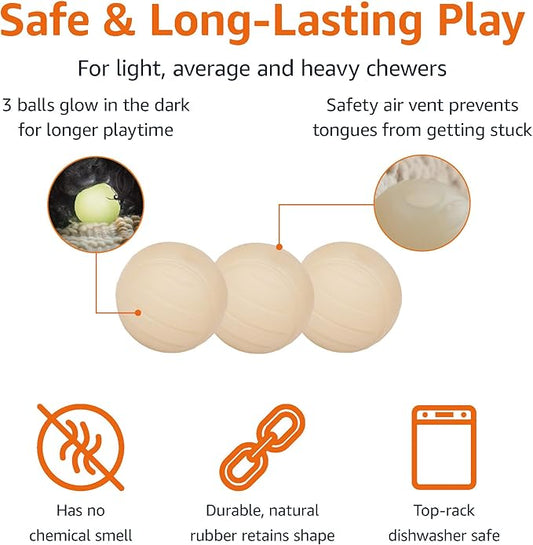Amazon Basics Interactive Bouncy Durable Rubber Dog Toy Balls, Glow, 2.5 inch, Beige, Pack of 3