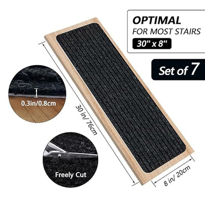 Non-Slip Stair Treads, 7.8" X 30" (7-Pack) Stair Runner Indoor Outdoor Mat, Black Slip Resistant Stair Tread Mats Step Covers Pads for Elders, Kids and Pets (30" x 7.8", Black)