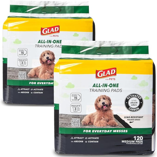 Glad for Pets Activated Charcoal Dog Training Pads, Small Size 17.5" x 23.5" Odor Absorbing, Pee Pads for Dogs Perfect for Training New Puppies, Charcoal, 120 Count - 2 Pack