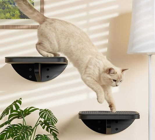 Grey Sisal-Padded Cat Wall Steps (2-Pack), Floating Wooden Cat Perch and Climbing Step Set, Wall Mounted Furniture for Jumping & Play