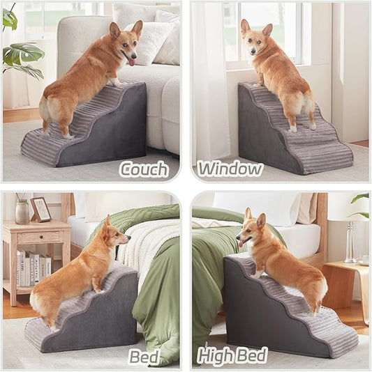 Dog Stairs for Small Dogs & Cats 22.5" H, High Density Foam Dog Steps Ramp for High Bed and Couch, Pet Stairs with Non-Slip Bottom and Remove Washable Cover, 5-Step Pet Steps, Grey