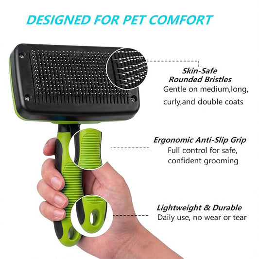 4PCS Self Cleaning Slicker Brush, Pet Grooming Rake, Bath Brush & Massage Brush for Short/Long Haired Dogs, Cats & Horses, Pet Grooming Deshedding Tools - Pet Supplies (Green Black)