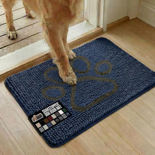 GORILLA GRIP SoakSTOPPER Dog Door Mat, Machine Washable Rug Absorbent Doormat Captures Moisture Mud Dirt, Quick Dry Soft Chenille Entryway Rugs Indoor Entrance Mats for Dog Paws, 24x17 Navy