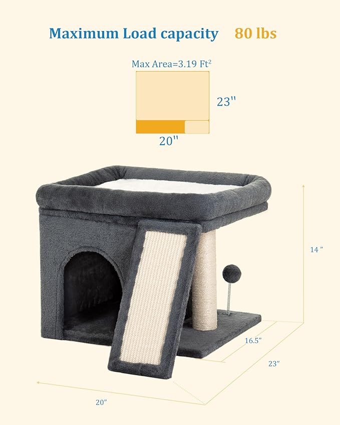 Aechonow Cat Tree for Indoor Large Cats, 14 Inch Cat Tower with 20x16.5 Inch Large Perch Bed, Cat Climbing Tree with Sisal Scratching Post for Adult Senior Cats, Removable Washable Mat, Dark Gray