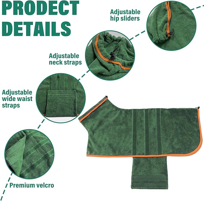 Dog Drying Coat - Fast Drying Dog Towel Robe - Microfiber Super Absorbent Pet Bathrobe, Adjustable Collar & Belly Strap Coat Pet Bath Robe Towel (Medium, Green)