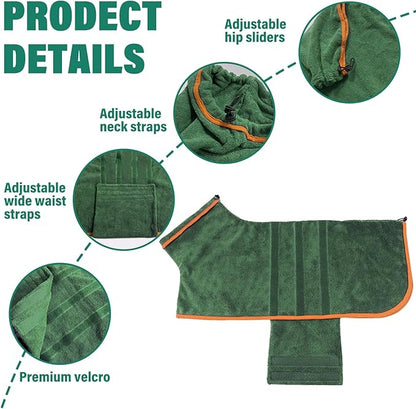 Dog Drying Coat - Fast Drying Dog Towel Robe - Microfiber Super Absorbent Pet Bathrobe, Adjustable Collar & Belly Strap Coat Pet Bath Robe Towel (Medium, Green)