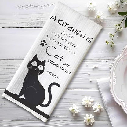 Cat Kitchen Towels - Quick-Dry 'Essential Kitchen Companion' Hand Cloth, Decorative Hand Towel Featuring Upward-Looking Black Feline Art for Pet Moms & Devotees | Home Accent & Crazy Cat Lady Gifts