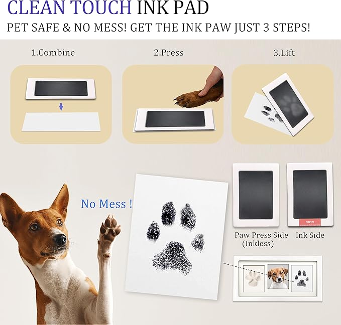 MYPAWLETS Paw Print Frame Kit,Dog/Cat Paw Print Kit,Soft Pawprint Clay&Clean Touch Ink Pad,Pet Paw Print Impression Kit with Customization Tool,Wooden Pet Memorial Frame,DIY Dog Lover Gifts-White