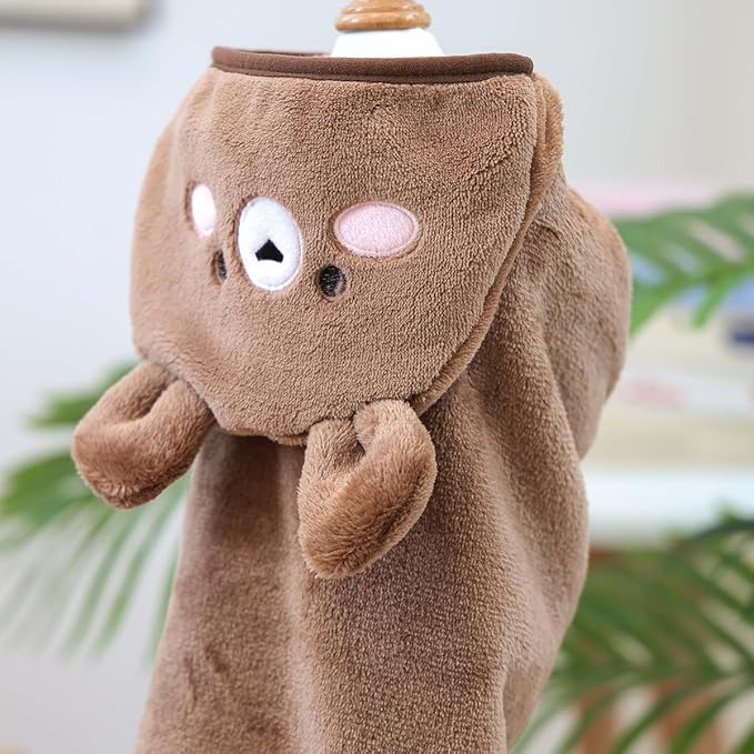 Dog Bathrobe with Hood Super Absorbent Soft Quick Drying Towel Wrap Adjustable Puppy Cat Bath Robe Towel for Cold Weather Beach Pool (Dark Brown Bear, Medium)