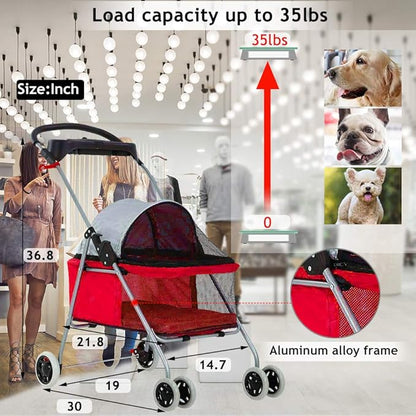 Cat Dog Stroller for Small & Medium Dogs Up to 35Lbs Kitten Doggie Cage Waterproof Foldable Travel Carrier Puppy Strolling Cart Durable 4 Wheels Large Pet Stroller Jogger with Cup Holders, Red