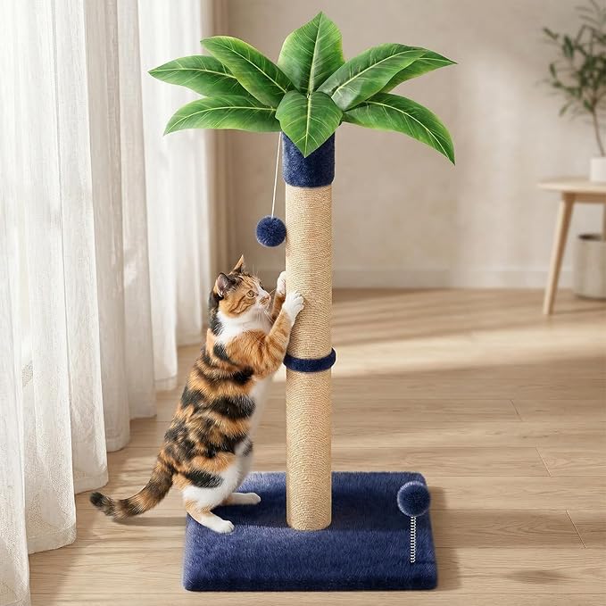 XiaZ Cat Scratching Post 34'' Tall, Cat Scratchers Tree Tower for Indoor Kitty with Extra Wide 15.8" Stable Base and 2 Toy Balls, Natural Sisal & Plush Fabric for Small, Medium Cats(Navy Blue, 2.8in)