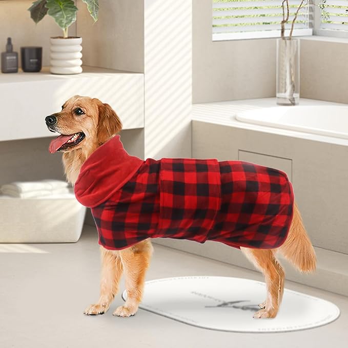 Geyecete Dog Drying Coat - Fast Drying Dog Bathrobe Towel - Microfibre Super Absorbent Pet Cat Bath Robe - Red Black Grid-S