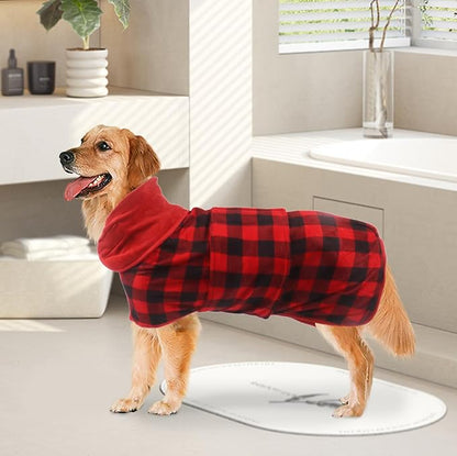 Geyecete Dog Drying Coat - Fast Drying Dog Bathrobe Towel - Microfibre Super Absorbent Pet Cat Bath Robe - Red Black Grid-S