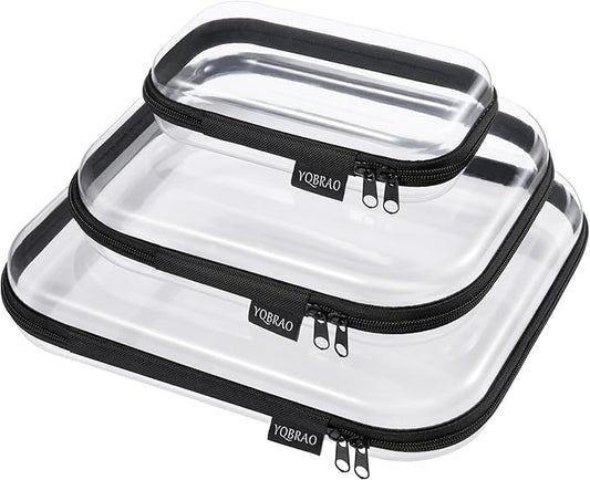 Hard Sided Clear Zipper Case for Storage- Professional-Grade Plastic Clear Zipper Pencil Case,Toy Storage Bins, Toiletry Pouch, Travel Organizer, Cosmetic Bag（Black,3 Pack, LMS）