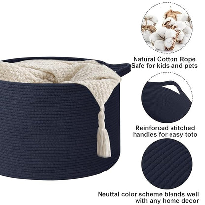 90L Large Blanket Basket,21.7"L x 21.7"W x 13.8"H Rope Woven Baskets with Handles, Toys Storage Bins,Laundry Basket Perfect for Living Room, Nursery,Bedroom,Home Organization,Dark Blue