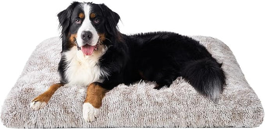 EHEYCIGA Fluffy Dog Crate Bed for Extra Large Dogs, Plush Faux Fur XLP Pad, Calming Anti Anxiety XL Plus Bed for Crate, Washable Soft Warm Dog Mat with Non-Slip Bottom, Brown