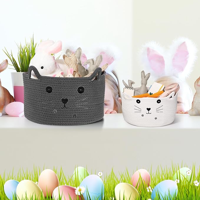 Zopeal Cat Basket Storage Woven Organizer with Ears Easter Decorative Pet Toy Cute Cotton Rope Basket for Gift Cat Dog Toy Bin Nursery Room(13.7 x 7.8 Inch,Dark Grey)
