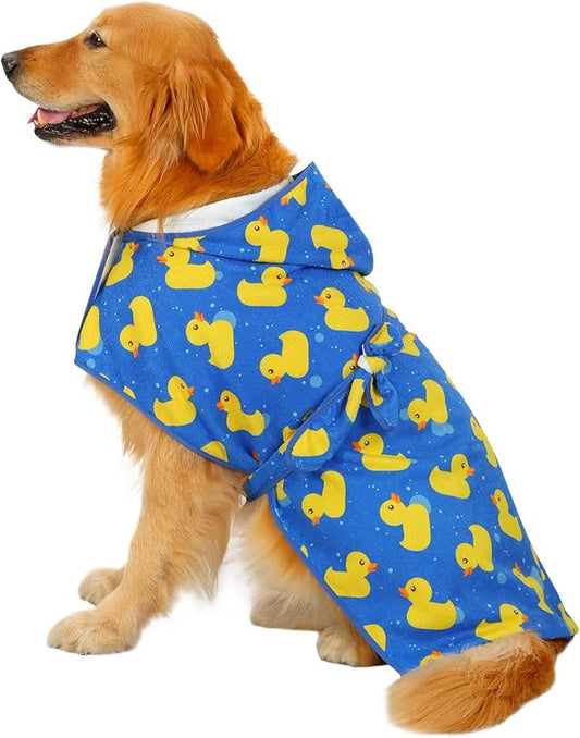 HDE Dog Bathrobe Super Absorbent Quick Drying Puppy Towel Wrap Coat Adjustable After Bath Robes with Hood for Dog Sizes S-XXL Blue Rubber Ducks L