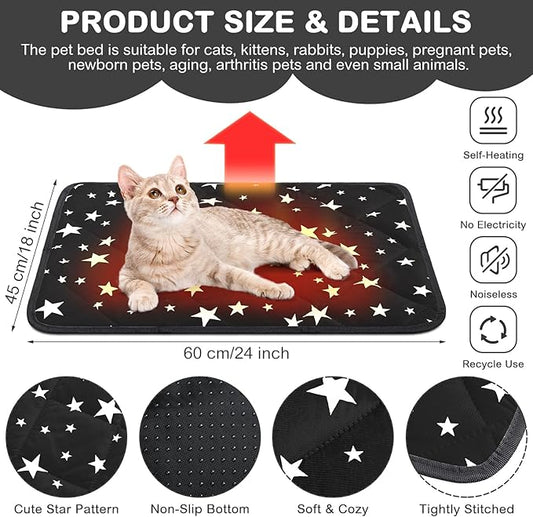 Self Warming Cat Bed Self Heating Dog Mat Star Pattern Warm Thermal Pet Pad Reflects Body Heat Washable Soft Puppy Crate Pad Anti Slip Kennel Mat for Pets(Black,18'' L X 24'' W X 0.4'' Th)