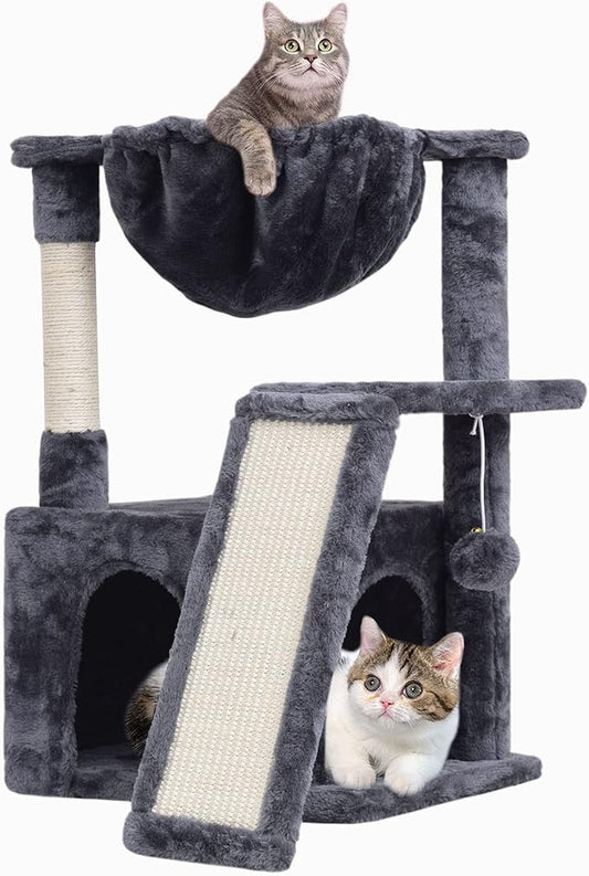 SYANDLVY 23.62" Cat Tree for Indoor Large Cats, Cat Tower with Scratching Posts & Board, Modern Cat Bed Furniture with Condo & Basket (Smoky Grey)