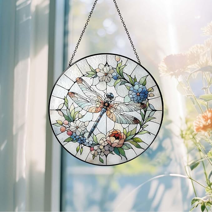 Dragonfly Gifts for Women, 7.8'' Dragonfly Sun Catcher Stained Glass Window Hanging SunCatchers Indoor Window Wall Decor Handmade SunCatcher Decoration for Garden Home Housewarming Gifts