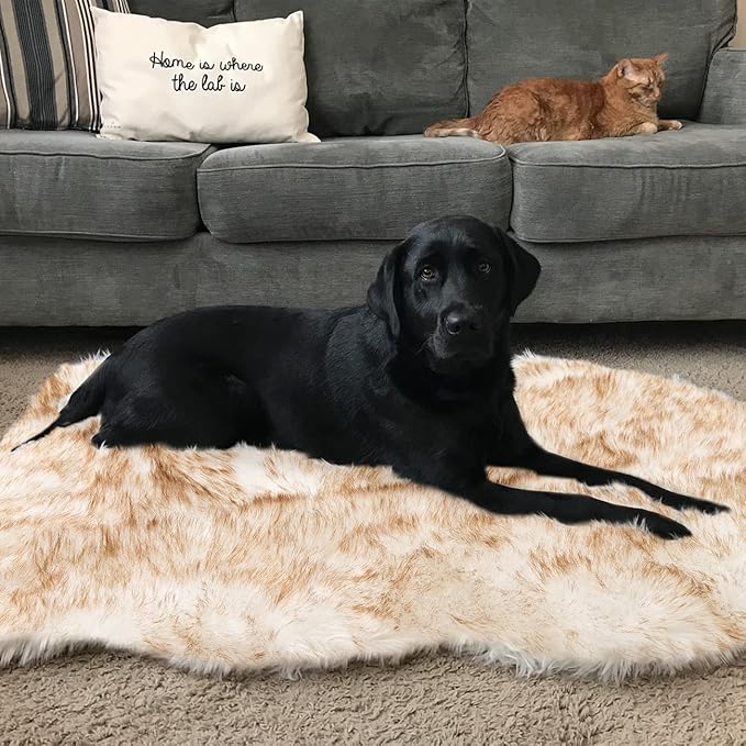 Asrug Soft Faux Fur Pet Mat Plush and Fluffy Dog Rug Ultra Cozy Pet Throw Rug for Dogs Cats, Luxury Soft Faux Sheepskin Chair Cover Seat Dog Rug Bed Shag Fur Area Rugs, Brown & White, 3ftx5ft