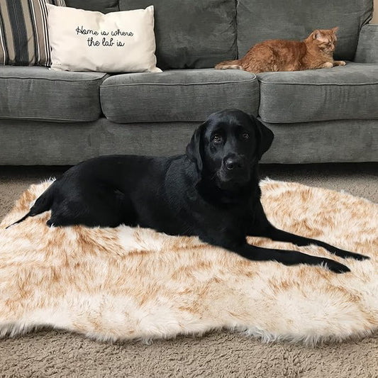 Asrug Soft Faux Fur Pet Mat Plush and Fluffy Dog Rug Ultra Cozy Pet Throw Rug for Dogs Cats, Luxury Soft Faux Sheepskin Chair Cover Seat Dog Rug Bed Shag Fur Area Rugs, Brown & White, 3ftx5ft