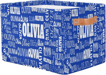 Personalized Kids Toy Box with Name, Custom Nursery Baskets Cubes Box, Kids Custom Storage Basket Laundry Baskets Organizer with Handles, Royal Blue Background
