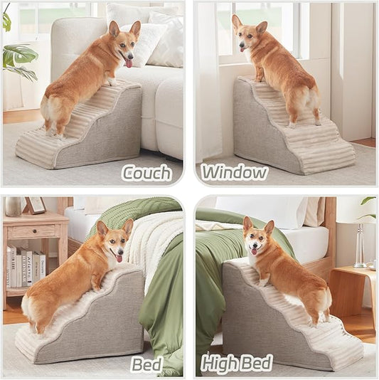 Dog Stairs for Small Dogs & Cats 15.7" H, High Density Foam Dog Steps Ramp for Couch Sofa and Chair, Pet Stairs with Non-Slip Bottom and Remove Washable Cover, 3-Step Pet Steps, Beige