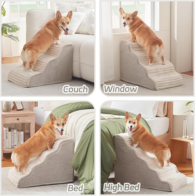 Dog Stairs for Small Dogs & Cats 15.7" H, High Density Foam Dog Steps Ramp for Couch Sofa and Chair, Widened 3-Step Pet Stairs with Non-Slip Bottom and Remove Washable Cover, Beige