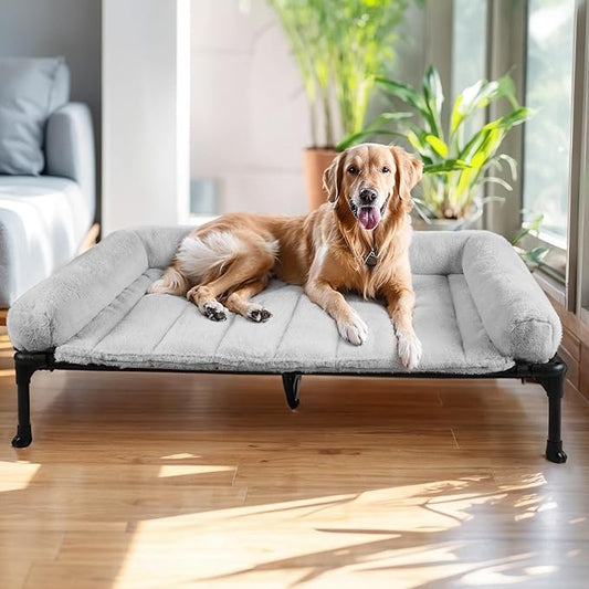 Veehoo Orthopedic Elevated Dog Bed with Fluffy Plush Bolster Cushion, Indoor Raised Dog Beds for Large Dogs, Soft Pet Sofa Cot with Removable Washable Mat, No-Slip Feet, 49 x 33 inches, Grey