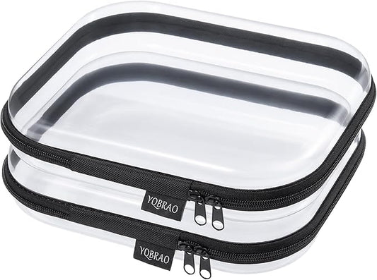 Hard Sided Clear Zipper Case for Storage- Professional-Grade Plastic Clear Zipper Pencil Case,Toy Storage Bins, Toiletry Bags, Travel Organizer（Black,2 Pack, M）
