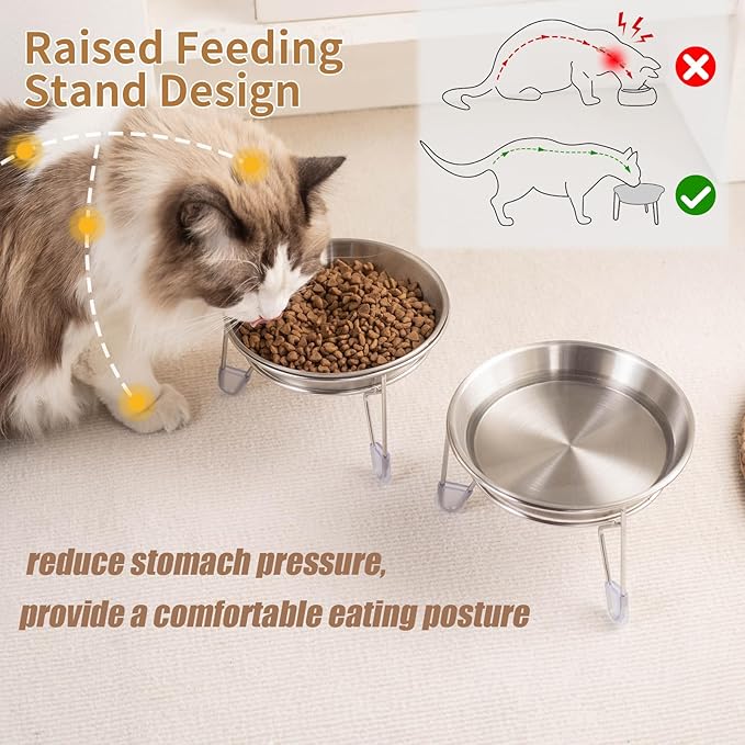 Elevated Cat Bowls,6.7" Extra Wide Raised Stainless Steel Cat Food Bowls with Anti-Slip Metal Stand Whisker Friendly Water Dishes for Indoor Cats and Small Dogs-2pack