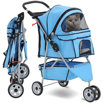 HCY Folding Dog Stroller, 3 Wheels Pet Strollers Pet Gear for Small Medium Cats Dogs Puppy with Storage Basket, Cup Holder,Lightweight Blue 35.04inchx17.32inchx38.58inch