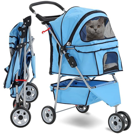HCY Folding Dog Stroller, 3 Wheels Pet Strollers Pet Gear for Small Medium Cats Dogs Puppy with Storage Basket, Cup Holder,Lightweight Blue 35.04inchx17.32inchx38.58inch