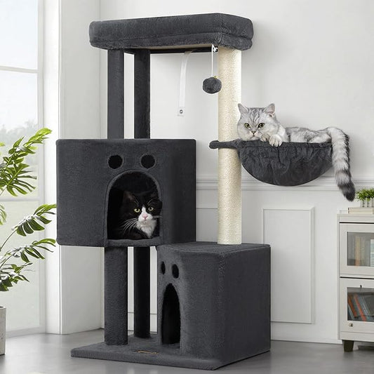 Small Cat Tree Tower for Indoor Cats, 40 In Medium Multi-Level Compact Cat House Bed with 2 Condos, Large Platform Perch, Sisal Scratching Post, Hammock, Cat Climbing Stand for Kitty kitten(Dark Grey)