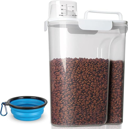 Dog Food Storage Container, 5-7 Lbs Airtight Pet Food Container, Cat food Container Dispenser with Portable Handle, Pouring Spout, Measuring Cup and a Collapsible bowl for Dogs Cats White/6Qt