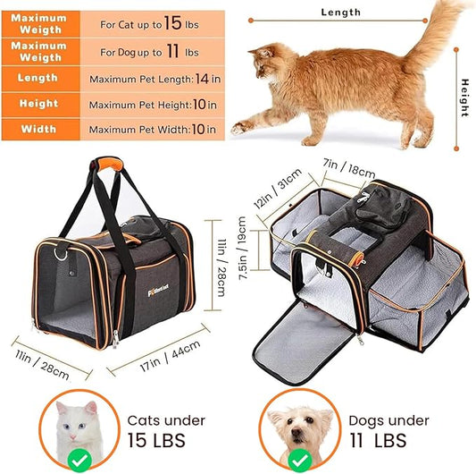 TSA Airline Approved Expandable Pet Carrier, 17"x11"x11" 5-Side Entry Soft-Sided Collapsible Cat Dog Carrier (up to 15 lbs), with Alloy Frame & Removable Wool Mat for Travel