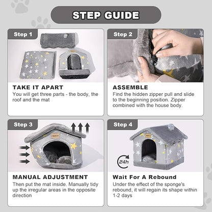 JIUPETY Cute Cat Beds for Indoor Cats, Foldable Cat House with Non-Slip Bottom, S Size Kitten Bed for 0-6 Lb Dogs and 0-8 Lb Cats, Grey