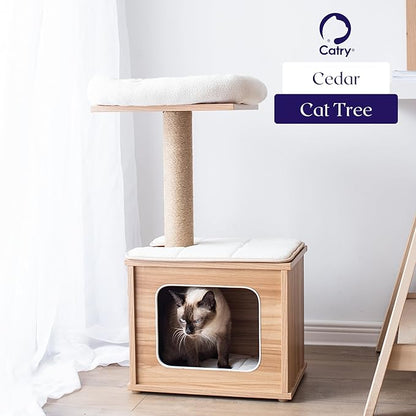 Catry 29.7" Tall 3 Level Laminated Wood Cat Tree with Large Base Condo, 2 Paded Steps, Natural Jute Scratching Post, Sturdy and Easy to Assemble for Small Cat, Brown
