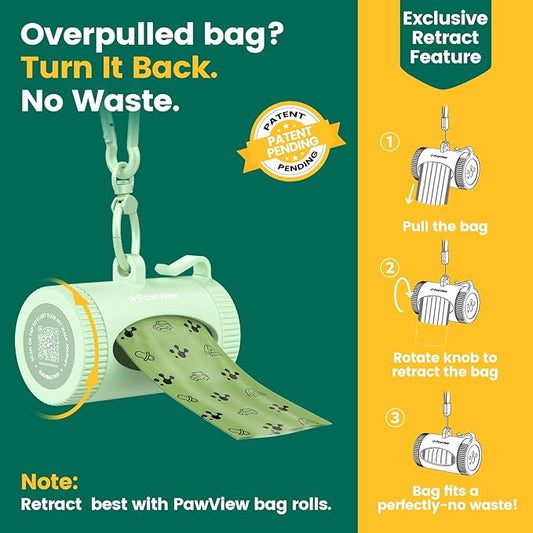 Dog Poop Bags Rolls with Retractable Poop Bag Holder, Leak Proof and Extra Thick Lavender Pet Waste Bags, 70% Recycled GRS Certified, 1 Dispenser and 105 Bags for Doggy Walking & Cat Litter