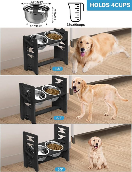 Vantic Elevated Dog Bowls, Adjustable Raised Dog Bowl Stand for Large and XLarge Pet, Sturdy Bamboo Food Feeder with 2 Stainless Steel Dishes, Black