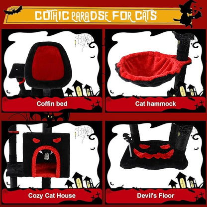 Gothic Cat Tree for Indoor Cats Large Adult, 40.5" Goth Cat Trees Tower with Coffin Cat Bed,Scratching Post,Cat Condo, Furniture Towers with Hammock, Tall Black Cat Tree Halloween Hanging Toys(Black)