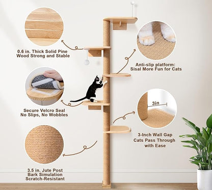 Wild Simulation Cat Tree for Kittens, 5-Level Floor to Ceiling Cat Wall Shelves with Sisal Mat Platforms, Suit for Kitten cat