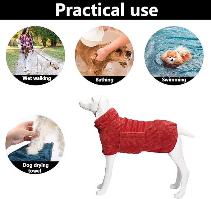 Geyecete Pineapple Grid Fast Drying Super Absorbent Dog Cat Bath Robe Towel - Red - 3XL
